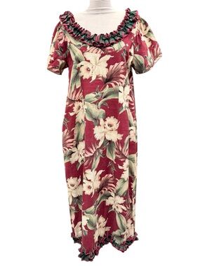 VTG Karyl Kaye Muumuu Dress Hawaiian Floral Tropical Ruffle Neck Maxi Sz 16 READ